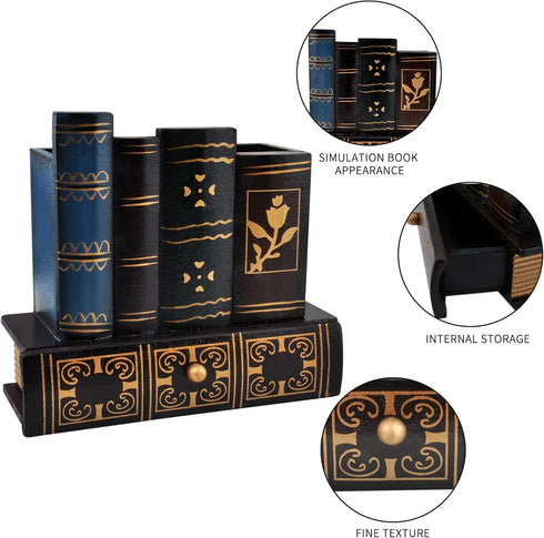 Vintage Book Pen Holder Retro Pen Desk Organizer with Drawer Wooden Fake Book Shaped Pencil Cup for Home Office Study Library (116) by POWER UNICO FLOWER