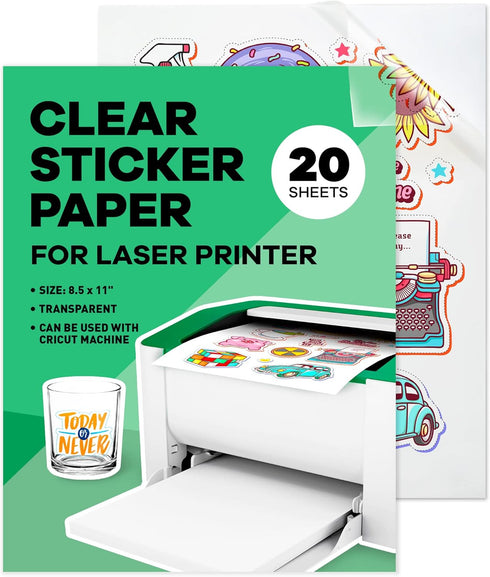 Clear Sticker Paper - Glossy Vinyl for Laser Printer, 20 Sheets, 8.5 x 11" Letter Size - Perfect for Vibrant Crafting