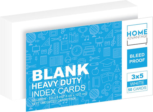 Home Advantage 50 Pack Blank Index Cards, 3x5 Heavy Duty Cardstock Note Cards - Bleed Proof