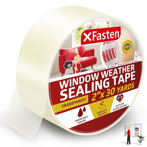 XFasten 2-Inch x 30 Yards Transparent Window Weather Sealing Tape - Clear Draft Isolation Sealing Film, No Residue