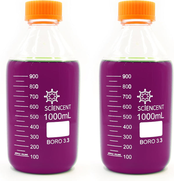 (Pack of 2) 1000ml Leak Proof Media Bottle, Super Thick Graduated with GL45 Screw Cap, Durable 1 Liter Glass Bottle