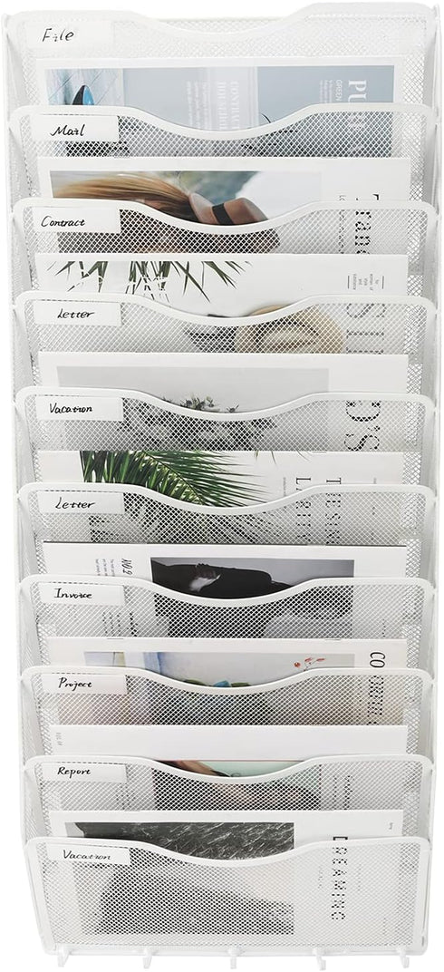 EasyPAG Hanging File Organizer - 10 Pocket Wall Mount File Holder with 5 Key Hook for Office and Classroom, White
