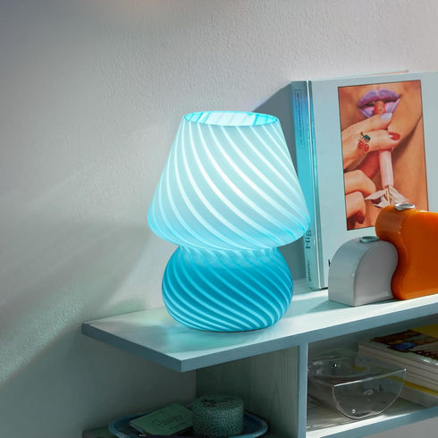 Bulb ONEWISH Mushroom Lamp, Small Table Lamp with Sea Blue Striped Glass, Nightstand Lamp Included
