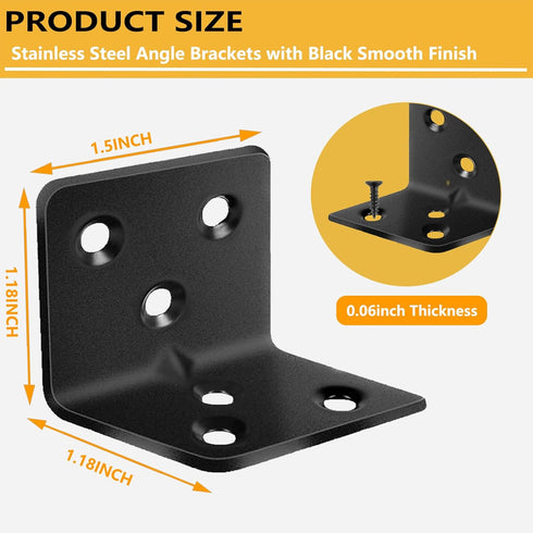 Evadow 80Pcs 1.2x 1.2 1.5 90 Stainless Steel Black Angle Brackets, x Corner Braces for Wood Furniture, Degree L