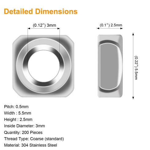 200 Pieces 304 Stainless Steel M3 Square Nuts