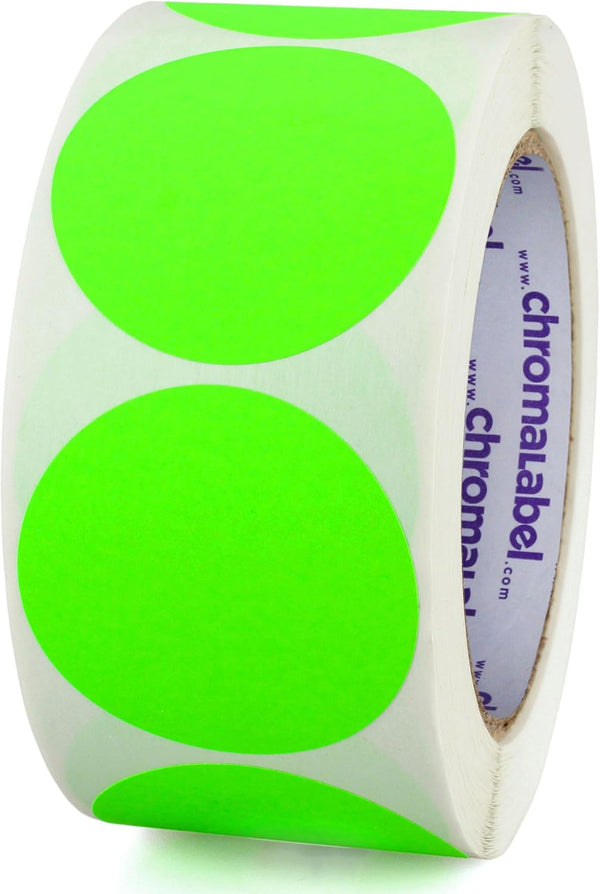 ChromaLabel 2 Inch Round Colored Stickers, 500 Sticky Dots per Roll, High Visibility, Fluorescent Green