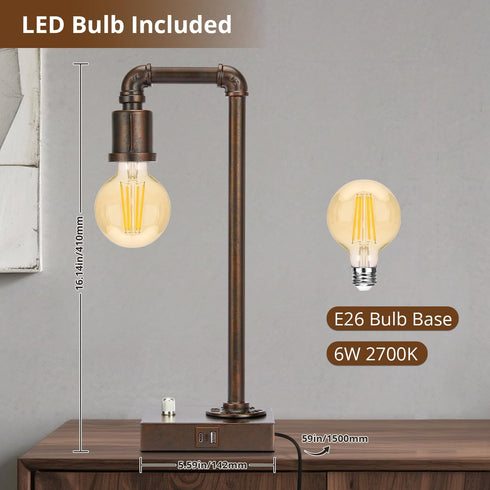 Dimmable 6W Bulb Industrial Table Lamp for Bedroom, Fully Bedside Lamp with USB C+A Ports, Vintage Lamp with Water Pipe