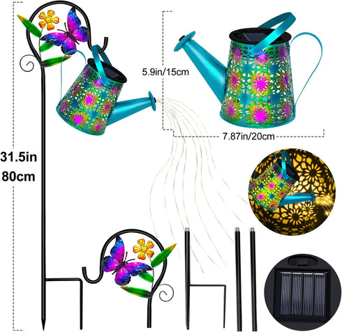Solar Watering Can with Lights, Waterproof Solar Lantern with Butterfly Shepherd Hook, Hanging Garden Lights for Patio
