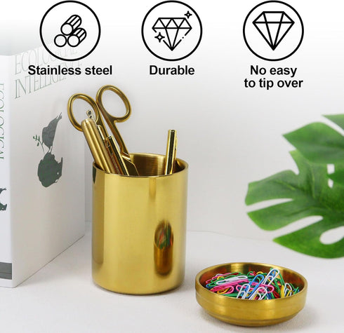 Set 3, MultiBey Gold Desk Organizer of Luxury Paper Clip Holder & Pencil Holder Cup for Office Supplies, Metal Makeup
