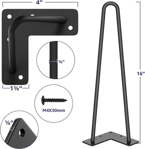 16" 4PCS SMARTSTANDARD Hairpin Furniture Legs, Metal Home DIY Projects for Nightstand, Coffee Table, Desk, etc