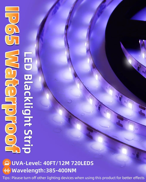 IP65 40ft/12M 720 12V 385-400nm, Waterproof LED Black Light Strip Kit LEDs, Flexible Blacklight Fixtures, Black Light