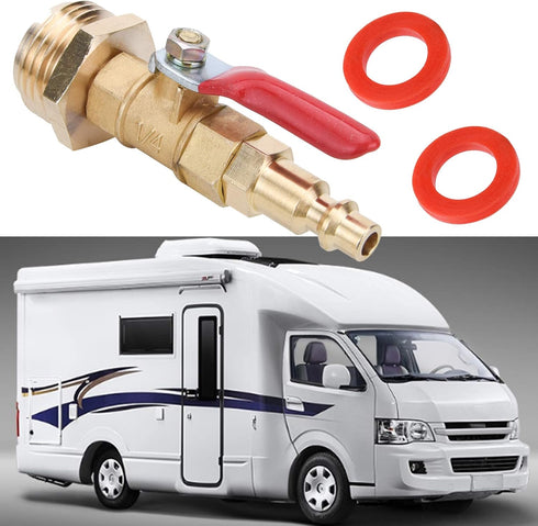 RV Winterize Blowout Adapter Kit with 1/4" Male Quick Connect Plug, 3/4" Male GHT Thread, Ball Valve & 2 Washers