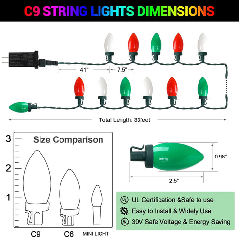 C9 Bulbs 50 36ft HAYATA Christmas Lights LED Strawberry String Light Red&White&Green - Fairy Lighting for Outdoor
