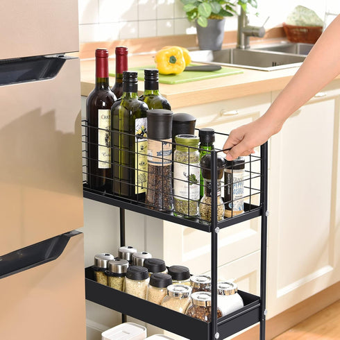 KINGRACK 3-Tier Metal Rolling Utility Cart, Slim Storage Trolley for Kitchen, Bathroom, Laundry Room, Office, Black