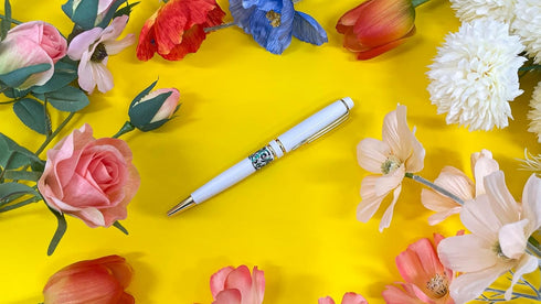 Inlay Mother of Pearl Design Handmade Ballpoint Pen, Deluxe Black Ink Rollerball Executive Gift (White)
