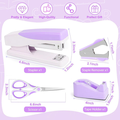 Purple Office Supplies, Purple Desk Accessories for Women, Cute Stapler and Tape Dispenser Set- Staple Remover, Clips, Staples, Scissor, Knife, Ruler, Tabs, Gift for Coworkers, Students by Benjojo