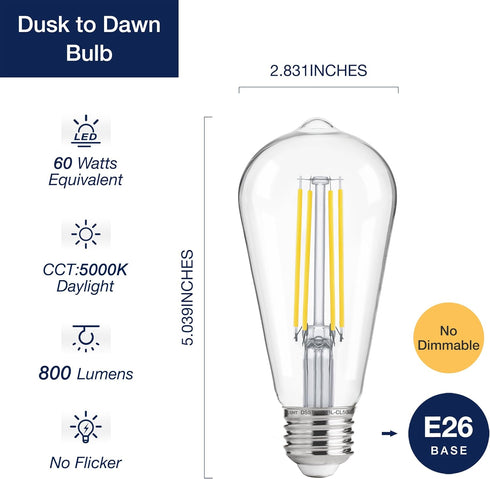 FLSNT Dusk to Dawn Outdoor Sensor ST19 LED Edison Bulb, 5000K Daylight, 7W (60W Eqv.), 800LM,Vintage Filament E26 Base, Auto On/Off Photocell Automatic for Energy-Efficient Outdoor Lighting, 2 Pack by FLSNT