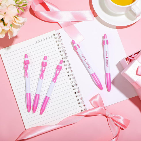 Teling 100 Pcs Breast Cancer Awareness Pink Ribbon Retractable Pens, Bulk Gel Ballpoint Pens for Women, Office Supplies