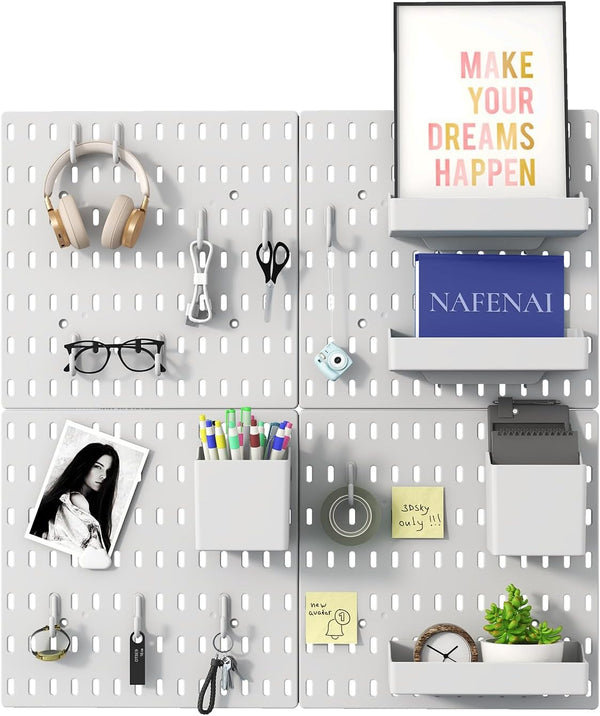 Nafenai 4 Pieces Pegboard Combination Wall Organizer Kit with 11 Accessories, White Modular Hanging Display Pegboard