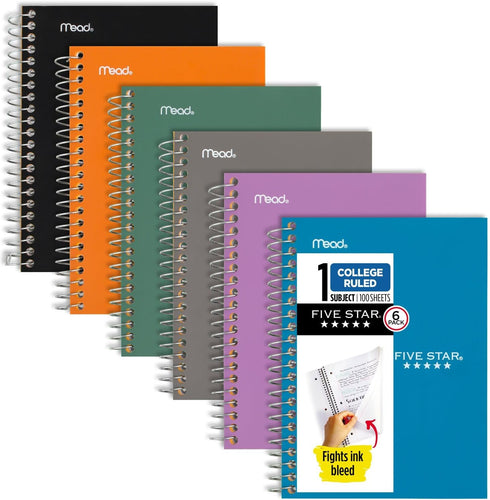 Five Star Personal Size Spiral Notebooks - 6 Pack, 1 Subject, College Ruled, Water Resistant Cover, 100 Sheets, Various
