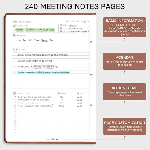 EMSHOI Meeting Notebook - A4 Large Project Planner, 240 Pages, PU Leather Hardcover, 8.5" x 11", Coffee for Work
