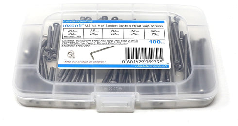 iexcell 100 Pcs M3 x 30/35/40/45/50 Stainless Steel 304 Hex Socket Button Head Cap Screws Assortment Kit