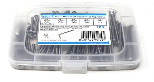 iexcell 100 Pcs M3 x 30/35/40/45/50 Stainless Steel 304 Hex Socket Button Head Cap Screws Assortment Kit