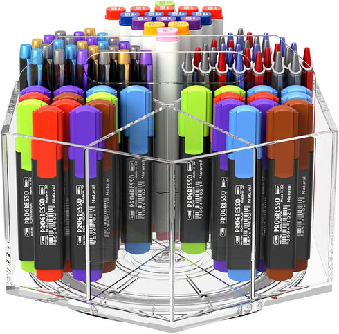 NIUBEE Acrylic Pen Pencil Holder, 6 Compartments for Multi-capacity Marker Storage, 360° Rotating Clear Pencil Cup
