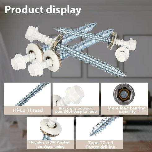 Metal Roofing Screws 10 x 1-1/2 inch, Brite White Hex Head Sheet Metal Roof Screw with EPDM Washer (250Pcs)