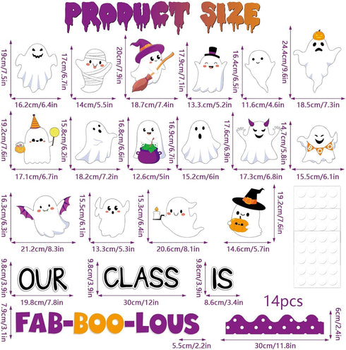 Halloween Bulletin Board Decoration Set, Cute Ghost Paper Cutouts and Blackboard Border for Classroom Chalkboard Decor