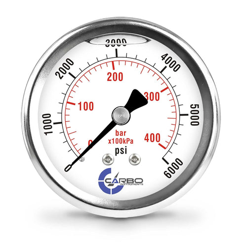 2 1-2" Pressure Gauge, Liquid Filled, Stainless Steel Case, Chrome Plated Brass Connection, 0-6000 psi/kPa, Back Mount