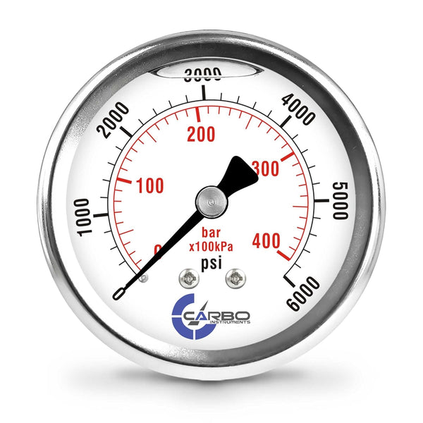 2 1-2" Pressure Gauge, Liquid Filled, Stainless Steel Case, Chrome Plated Brass Connection, 0-6000 psi/kPa, Back Mount
