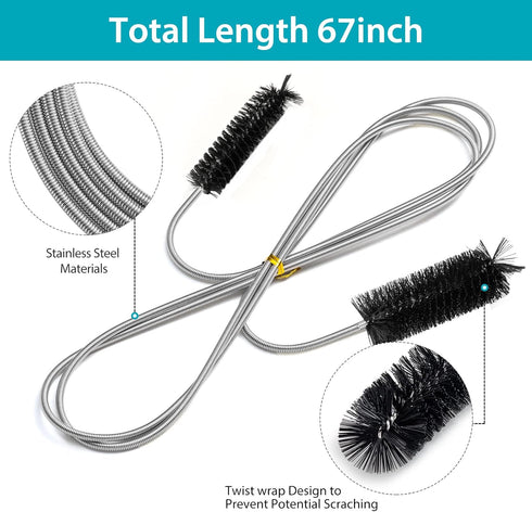 Extra-Thick Drain Brush with Stronger Spring - 67-Inch Flexible Pipe Cleaning Tool - Dual Bristle Heads - Ideal for Curved Pipes and Slim Holes – Black by RayTour