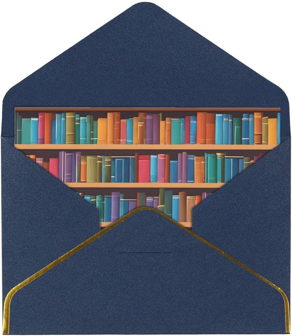 Vuiopuf Library Bookshelf Elegant Gold-Foiled Pearlized Paper Greeting Card-Blank Inside,Single-Sided Print, All-Occasion Foldable