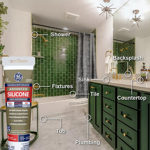 GE Advanced Silicone Caulk - 100% Waterproof Sealant for Kitchen & Bathroom, 5X Stronger Adhesion, 2.8 fl oz Tube,