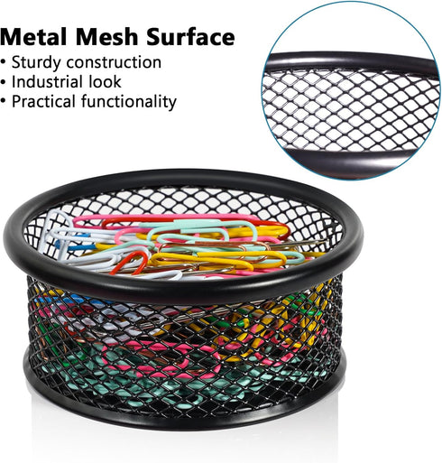 Paper Clip Holder for Desk, Paper Clip Holders, Mesh Paperclip Holders Metal Paper Clip Dispenser Organizer for Desk Binder Clip Holder Container for Home Office School, Black 4 Pack (Round)