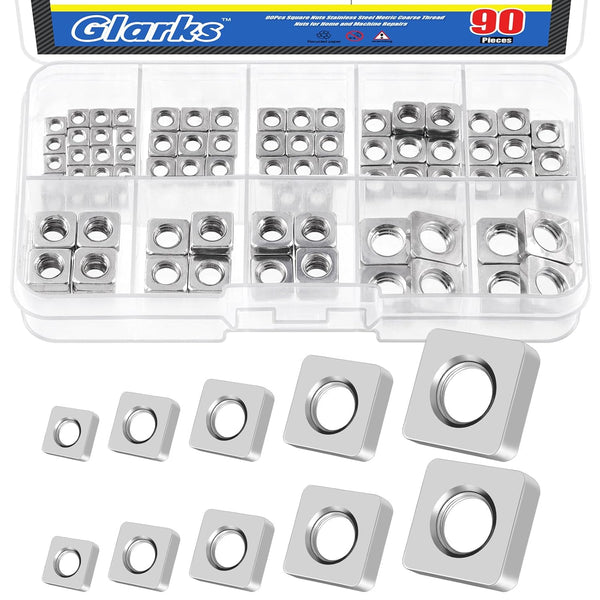 Glarks 90pcs Square Nut Set M3 M4 M5 M6 M8 304 Stainless Steel