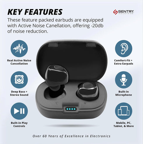 -20 18 SENTRY OSE Dot Bluetooth Wireless Earbuds, Active Noise Canceling, dB Sound Reduction, Charging Case, Up