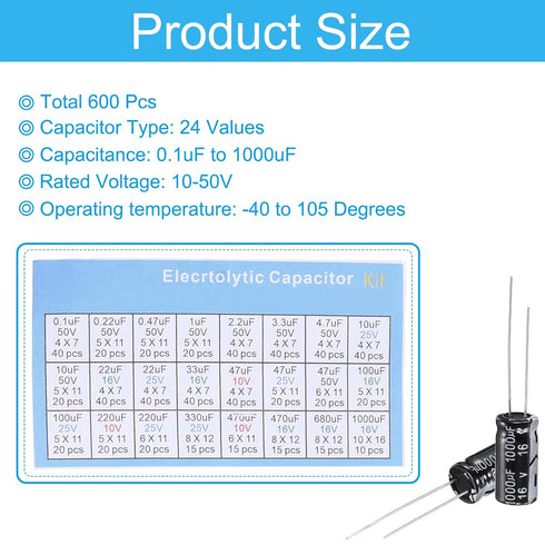 PATIKIL 24 Values Aluminum Electrolytic Capacitor Assortment Kit, 600 Pcs 0.1uF to 1000uF Low Impedance Capacitors with