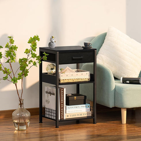 Lerliuo Pure Black Printer Table - 3 Tier Industrial Wood Stand with Fabric Drawer, Modern Tall End Table