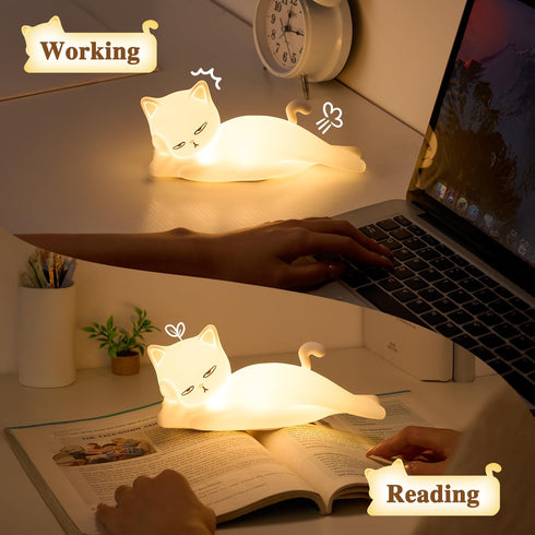 16 Colors+5 Dimming+Silicone Lying Flat Cat Lamp Funny Gifts, Random Stuff, Touch+Remote+Recharge Night Light for Kids