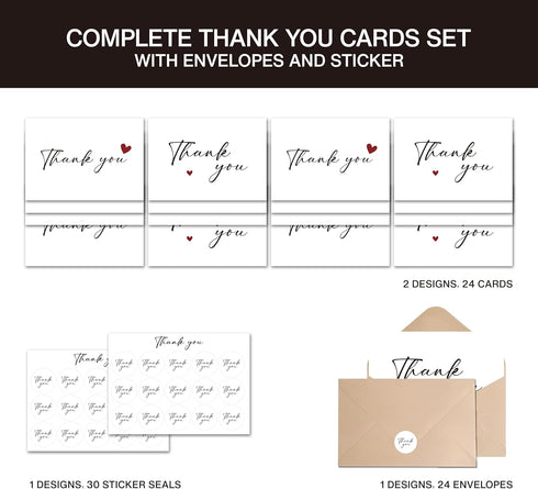 XISHIUYIS 24 Pack Set, (3.5x5in) Thank You Cards with Envelopes - Heart Design Thank You Notes with Envelopes Small