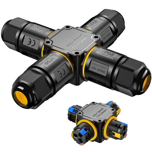 IP68 Waterproof Cable Connector, 4 Way Junction Box for Outdoor, Screwless 3 Pins Electrical Cable Protector