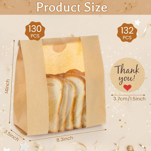 130 Pack 14" 8.3" 3.5" Homemade Bread Sourdough Bags, x x Large Paper Bread Bag with Tin Tie Tab Lock Clear Front