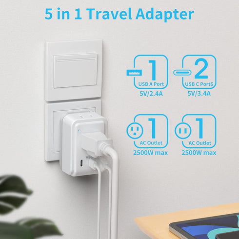 VINTAR European Travel Plug Adapter Kit, UK Power Adapter with 3 USB Ports & 2 American Outlets, Type C, G, H