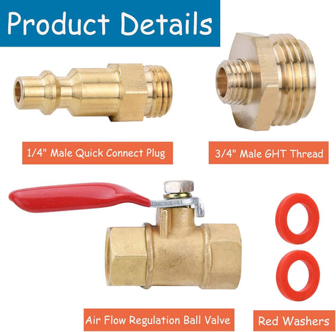 RV Winterize Blowout Adapter Kit with 1/4" Male Quick Connect Plug, 3/4" Male GHT Thread, Ball Valve & 2 Washers