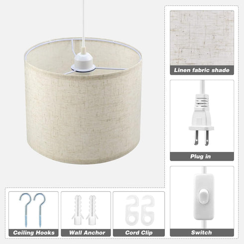 KUAUGST 15 Plug in Pendant Light, FT Hanging Lamp with Plug in Cord, On/Off Switch, Pendant Lighting with Fabric Shade
