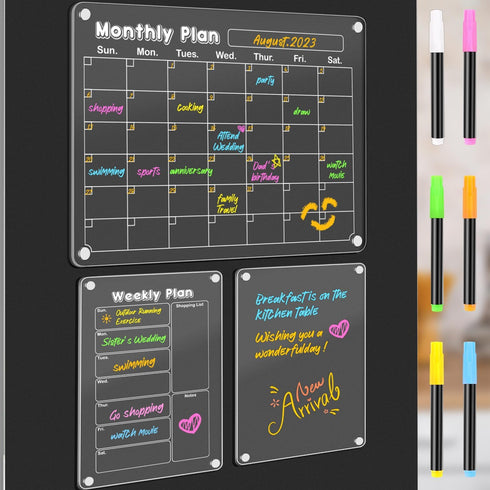 DIYMAG 3Pack Acrylic Magnetic Dry Erase Calendar for Fridge, Weekly Monthly Planner Memo Board with 6 Highlighters