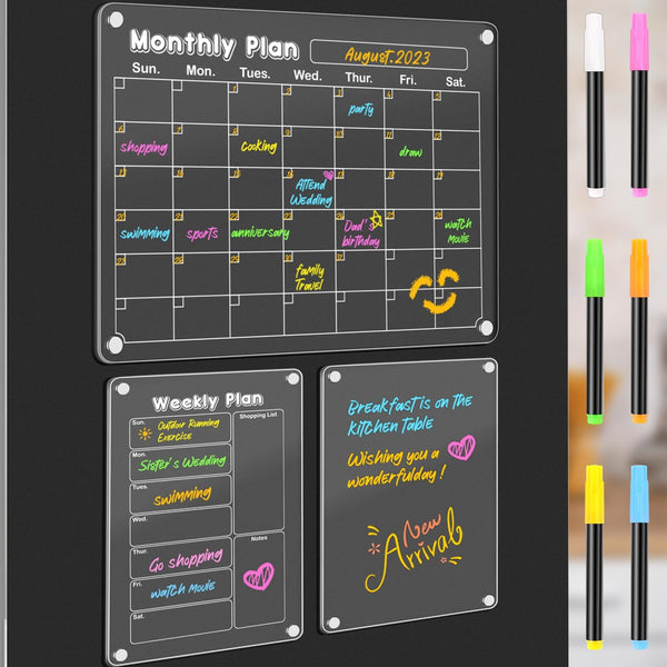 DIYMAG 3Pack Acrylic Magnetic Dry Erase Calendar for Fridge, Weekly Monthly Planner Memo Board with 6 Highlighters