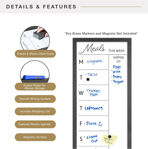 MCS Dry Erase Weekly Meal Planner 14x30 Black Framed Whiteboard for Wall, Family Weekly Planner with Shopping List